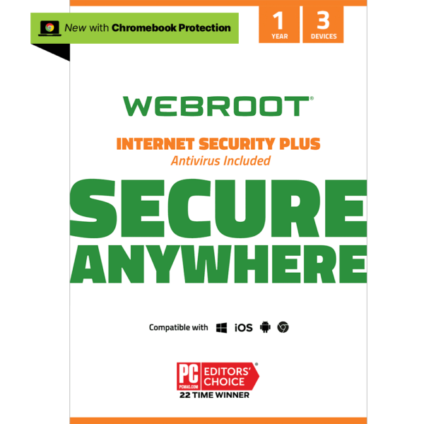 Webroot Internet Security Plus with Antivirus Protection for 3 Devices, 1-Year Subscription – Windows/Chrome/MacOS/Android/Apple iOS