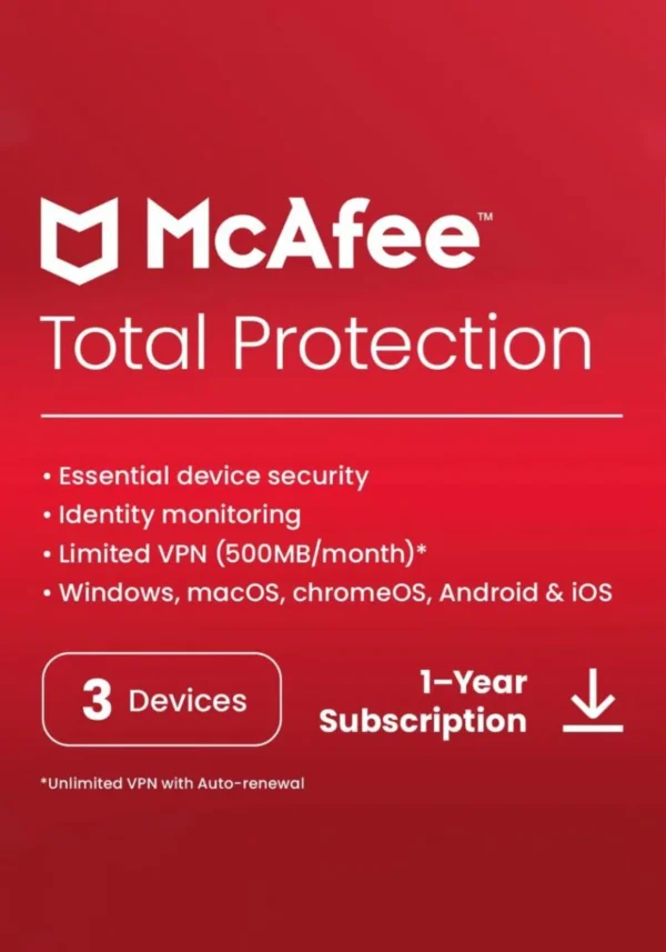 McAfee Total Protection (Global Product) | 3 Devices, 1 Years |  PC/Mac/Android/iOS